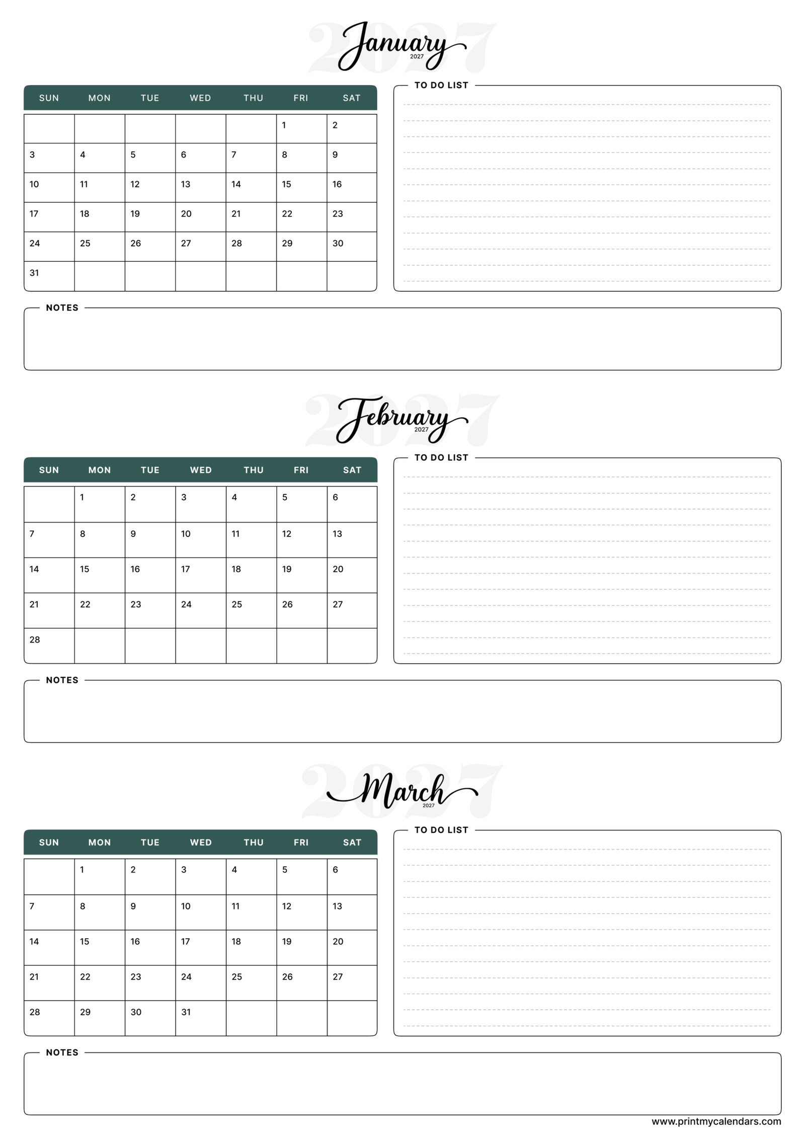 Printable Elegant Sage January February March calendar 2027 Portrait A4