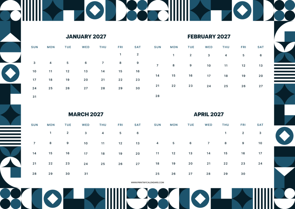 Printable Geo Border January to April calendar 2027 Landscape A4