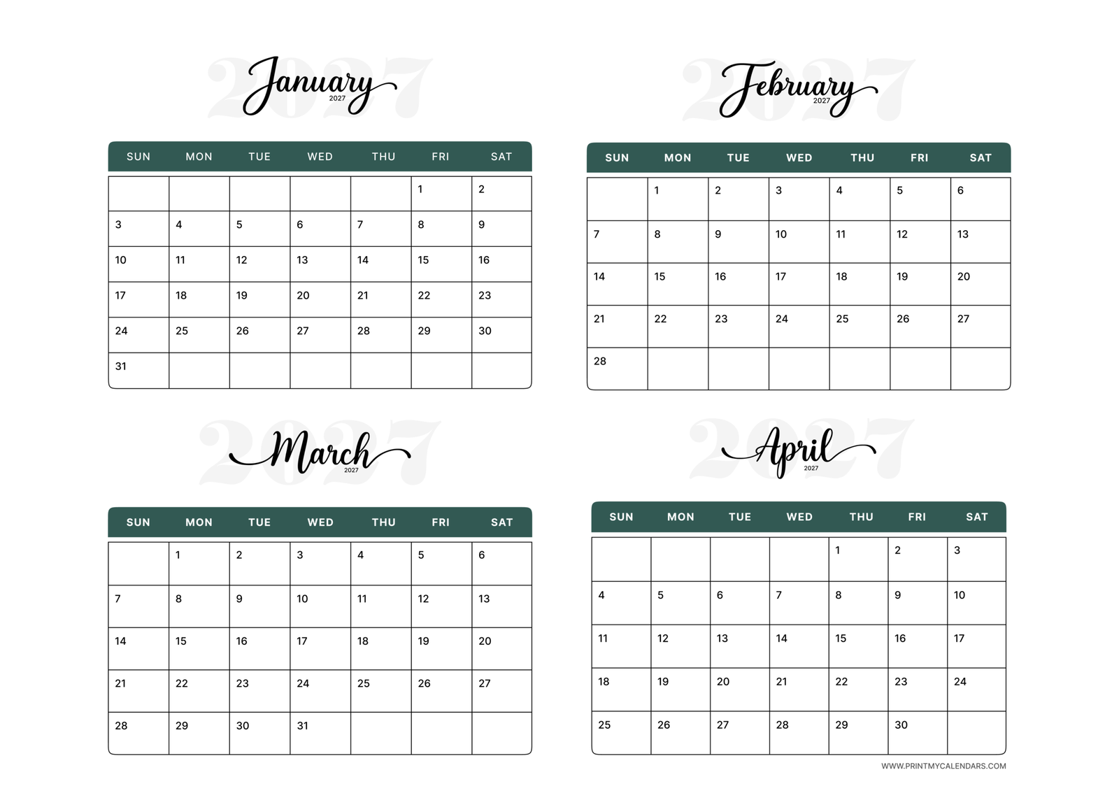 Printable Green Script January to April calendar 2027 Landscape A4