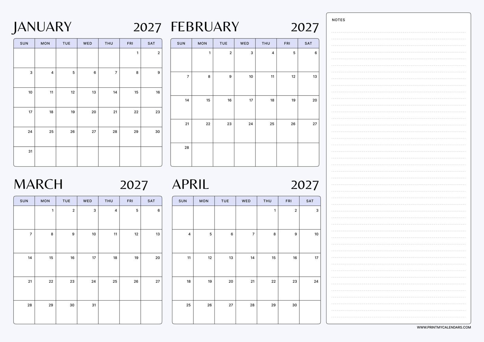 Printable Lined Minimal January to April calendar 2027 Landscape A4