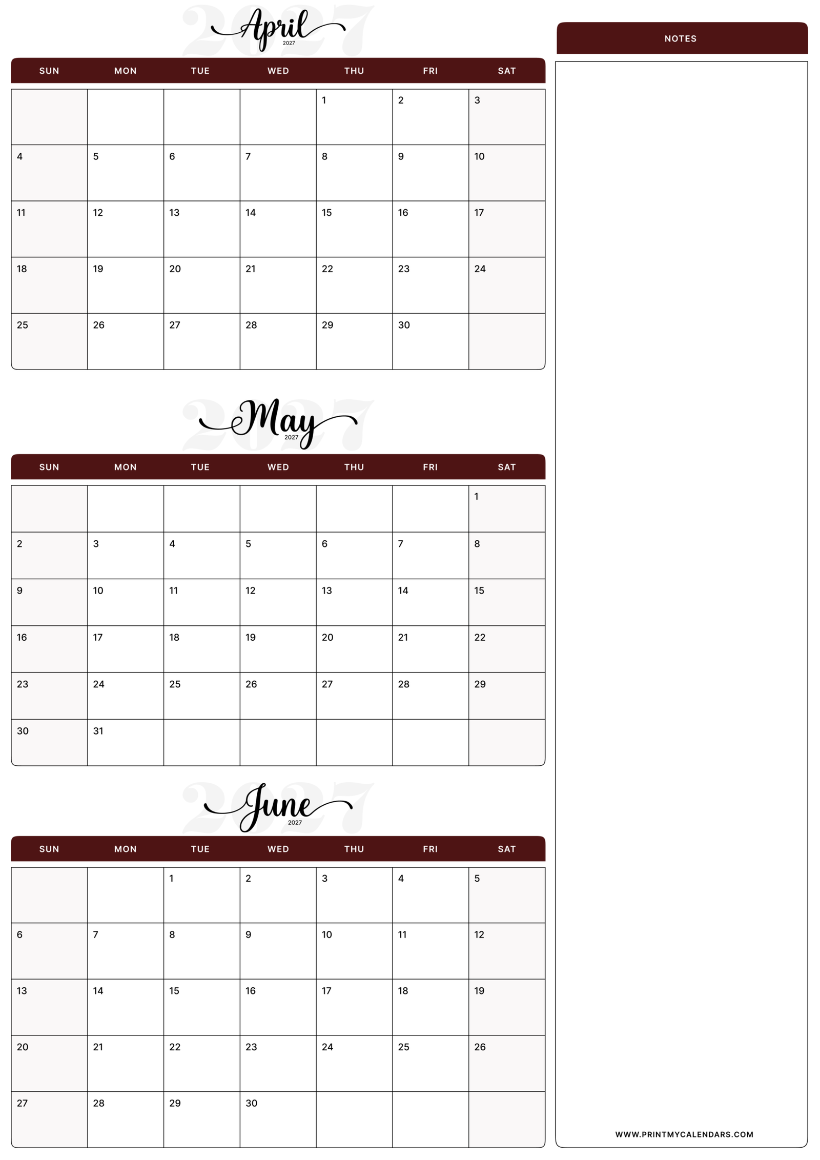 Printable Maroon April May June calendar 2027 Portrait A4