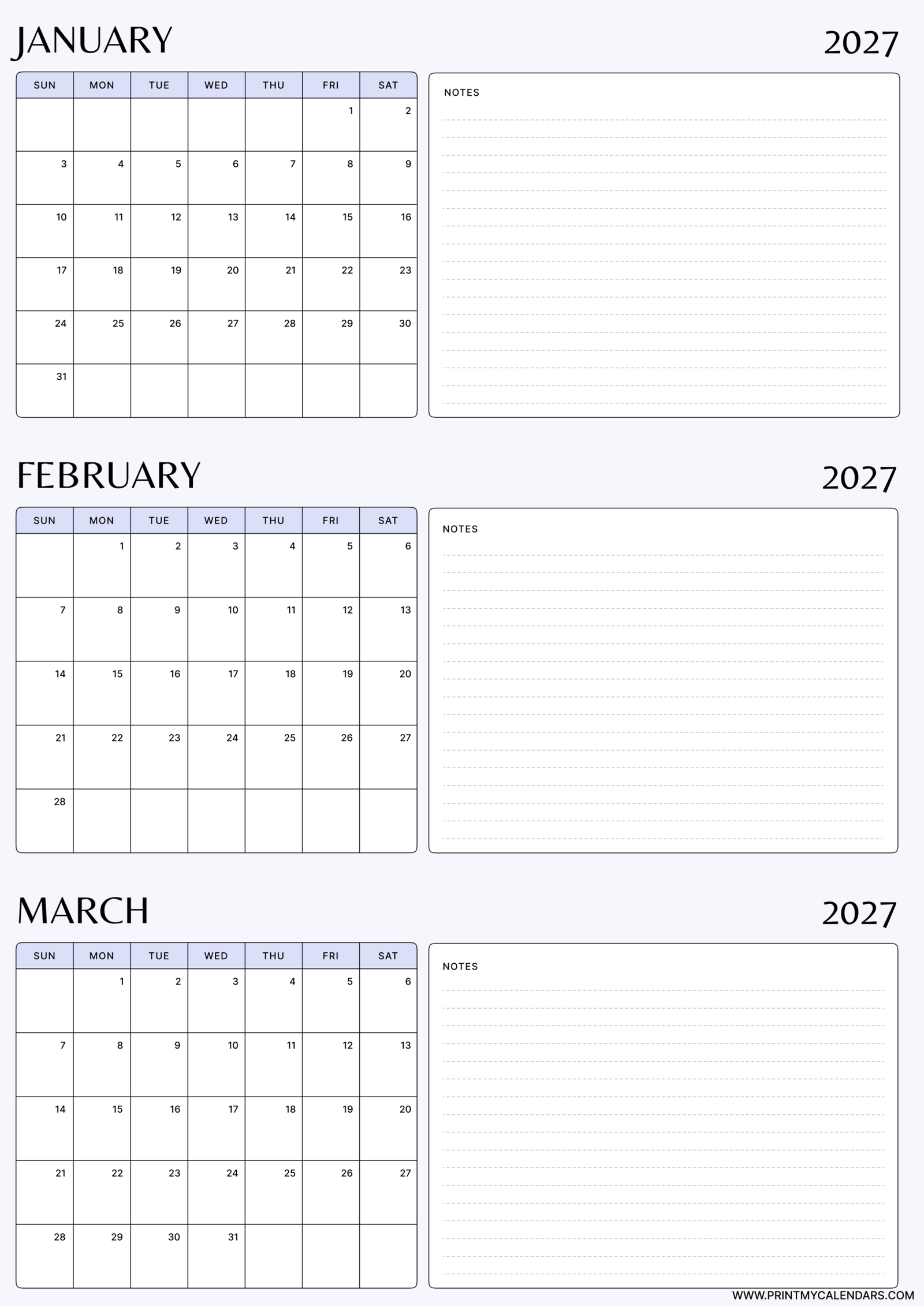 Printable Minimalist Lavender January February March calendar 2027 Portrait A4
