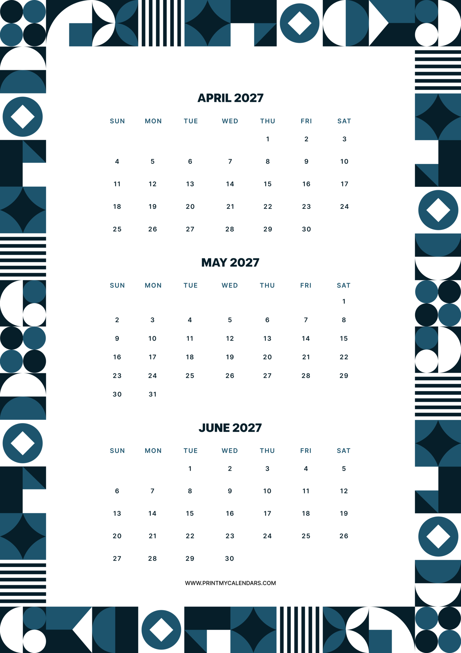 Printable Navy Mosaic April May June calendar 2027 Portrait A4