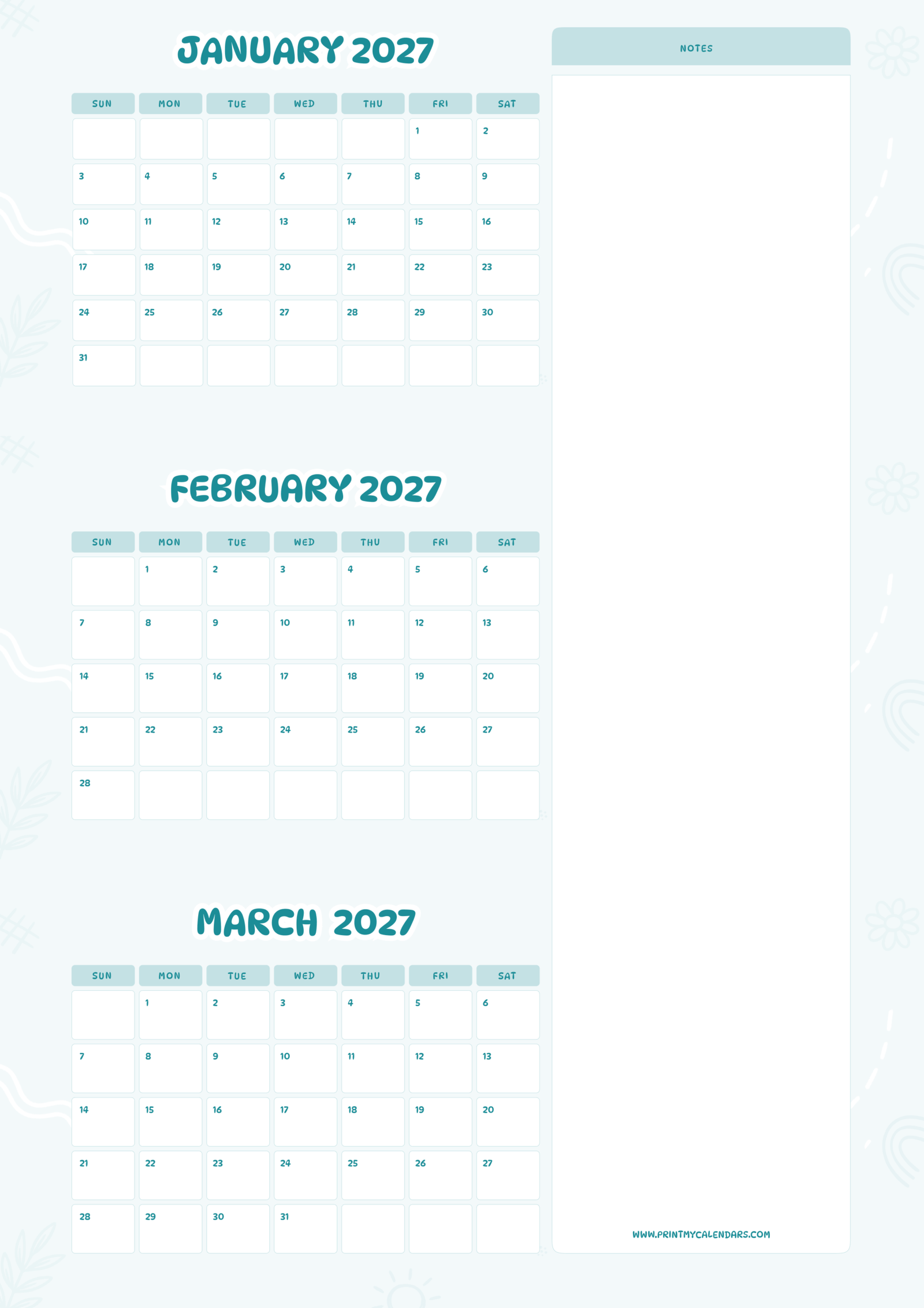 Printable Pastel Blue Boxed January February March calendar 2027 Portrait A4