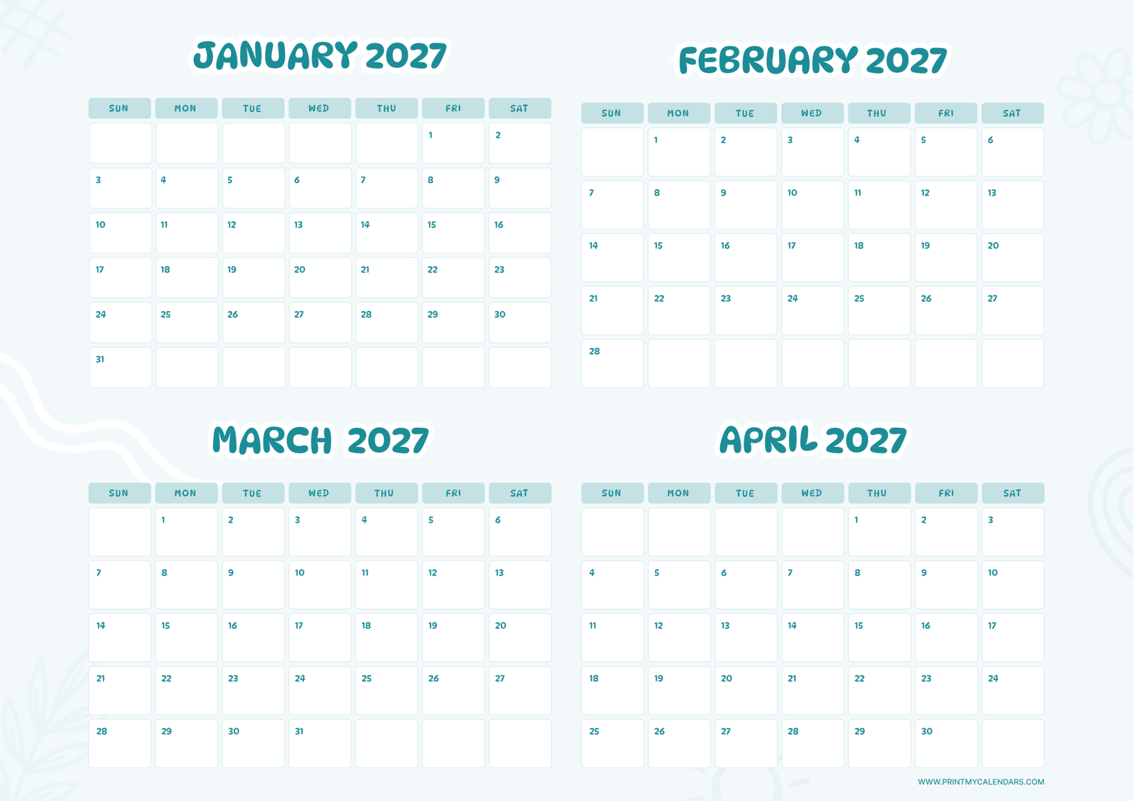 Printable Pastel Waves January to April calendar 2027 Landscape A4