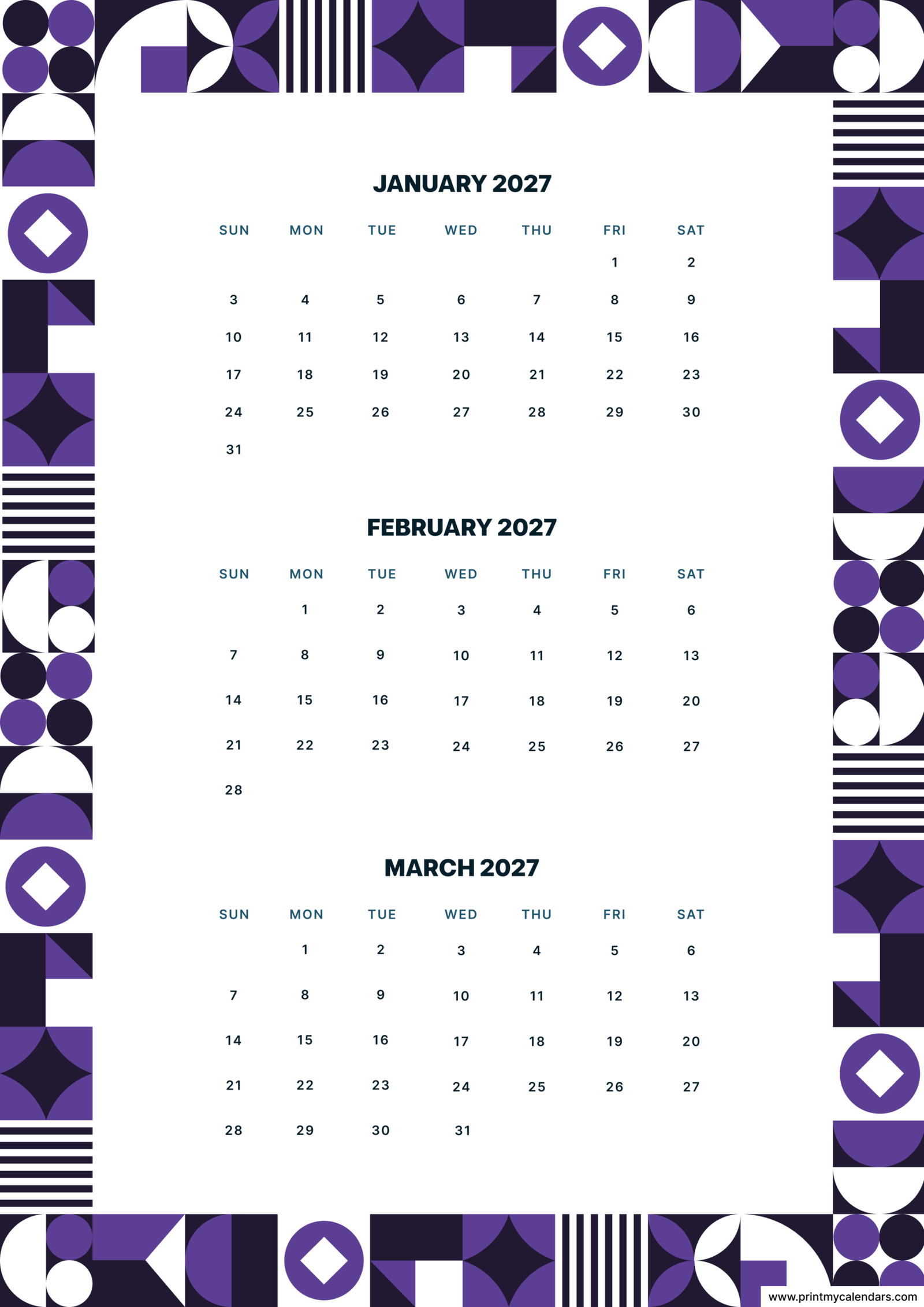Printable Purple Geometric January February March calendar 2027 Portrait A4
