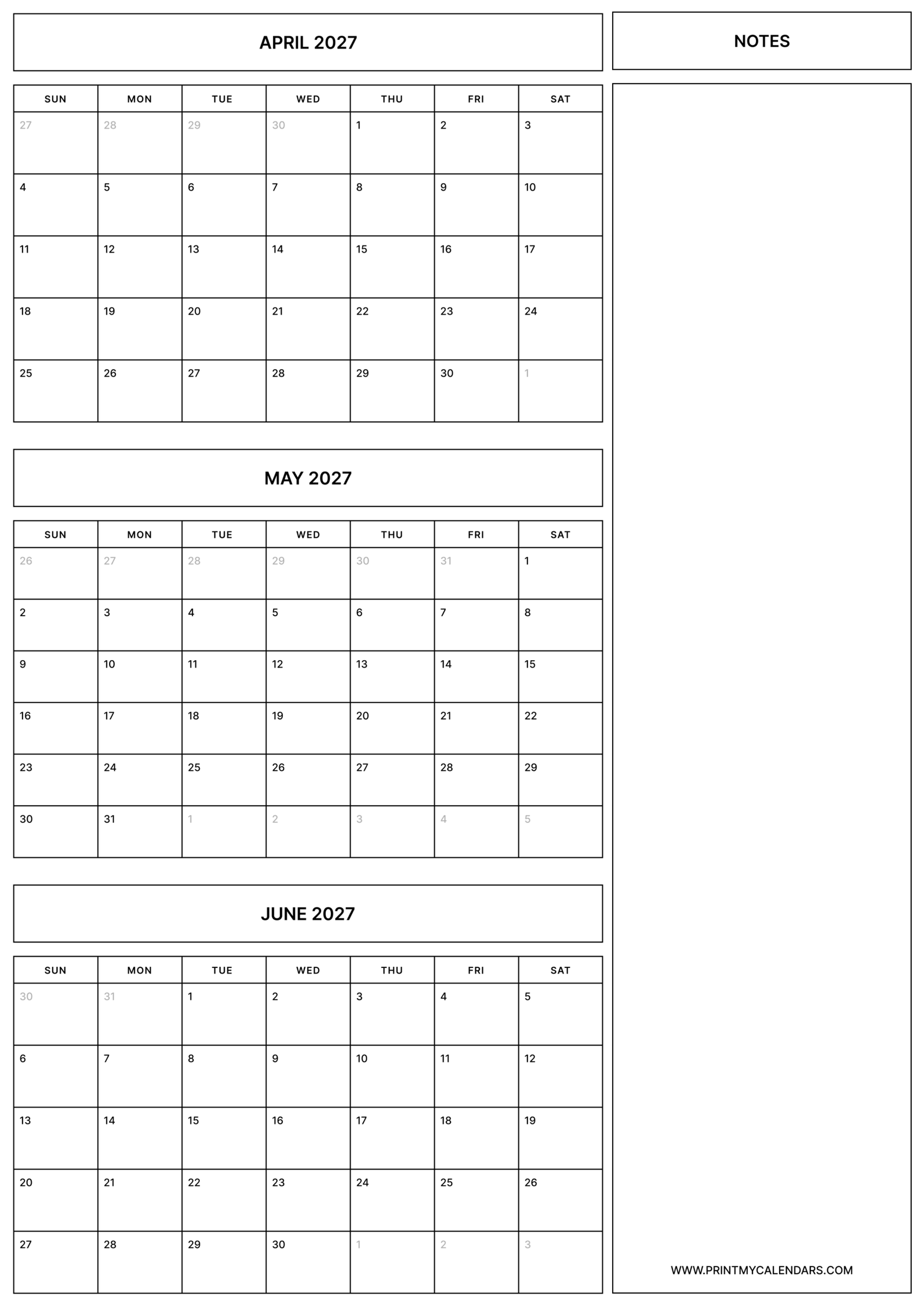 Printable Simple April May June calendar 2027 Portrait A4