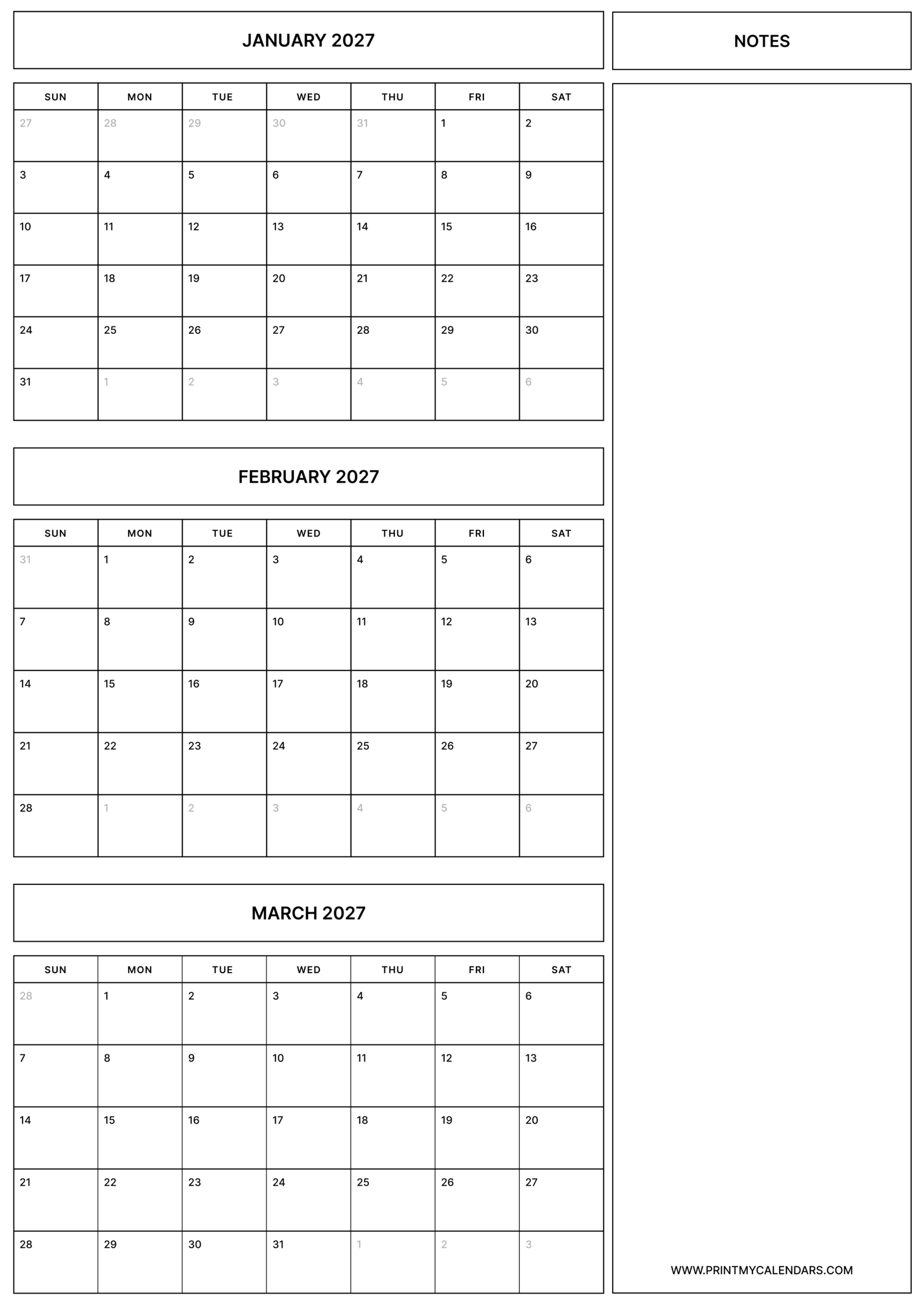 Printable Simple January February March calendar 2027 Portrait A4