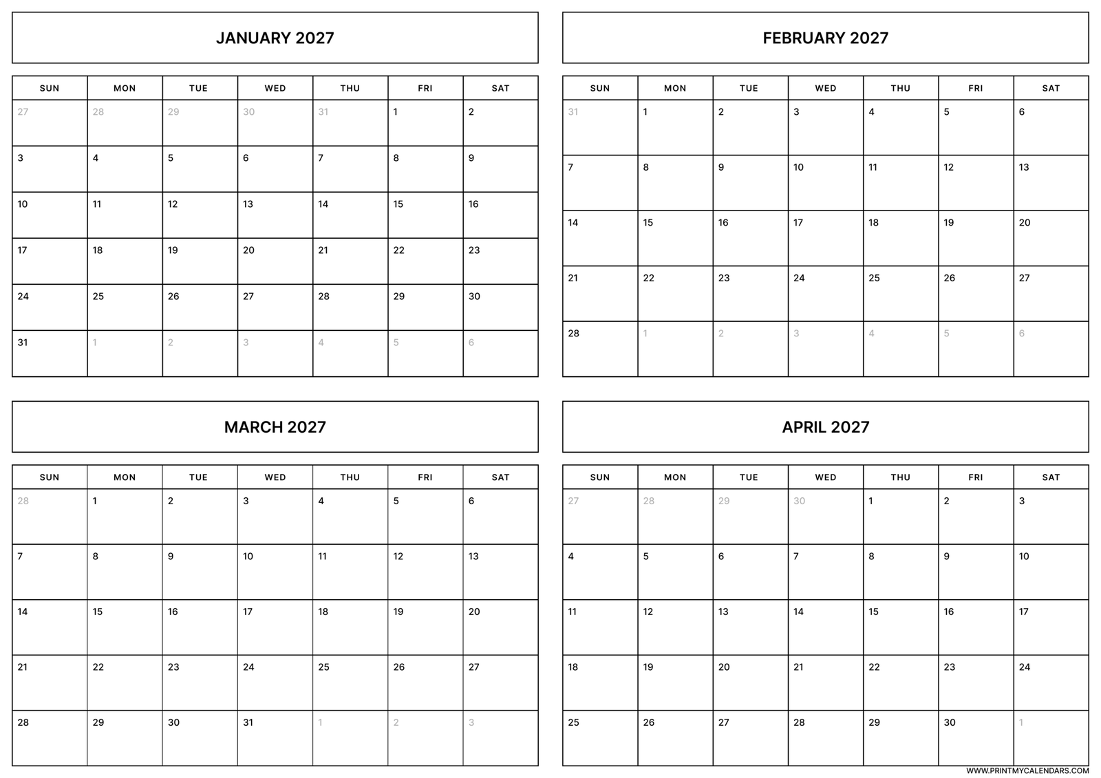 Printable Simple January to April calendar 2027 Landscape A4