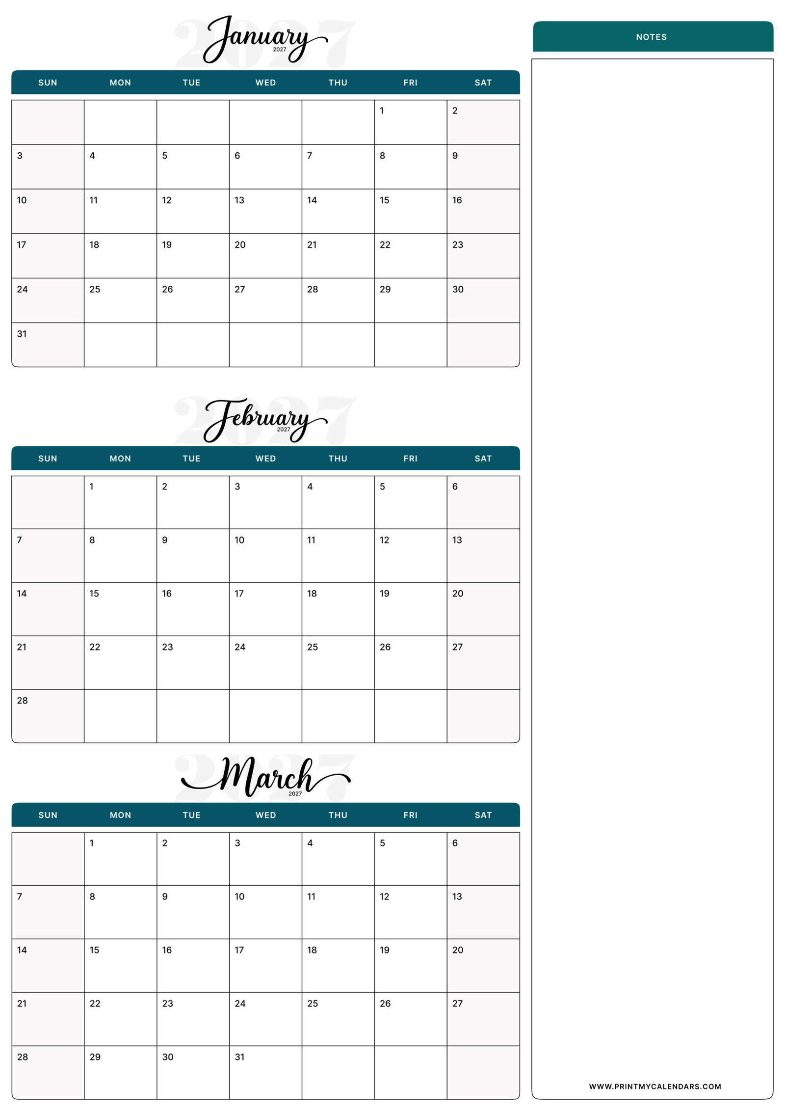Printable Teal Script January February March calendar 2027 Portrait A4