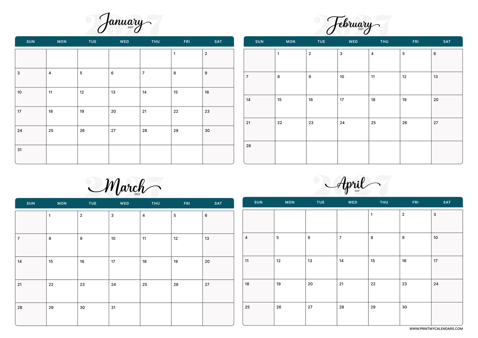 Printable Teal Script January to April calendar 2027 Landscape A4