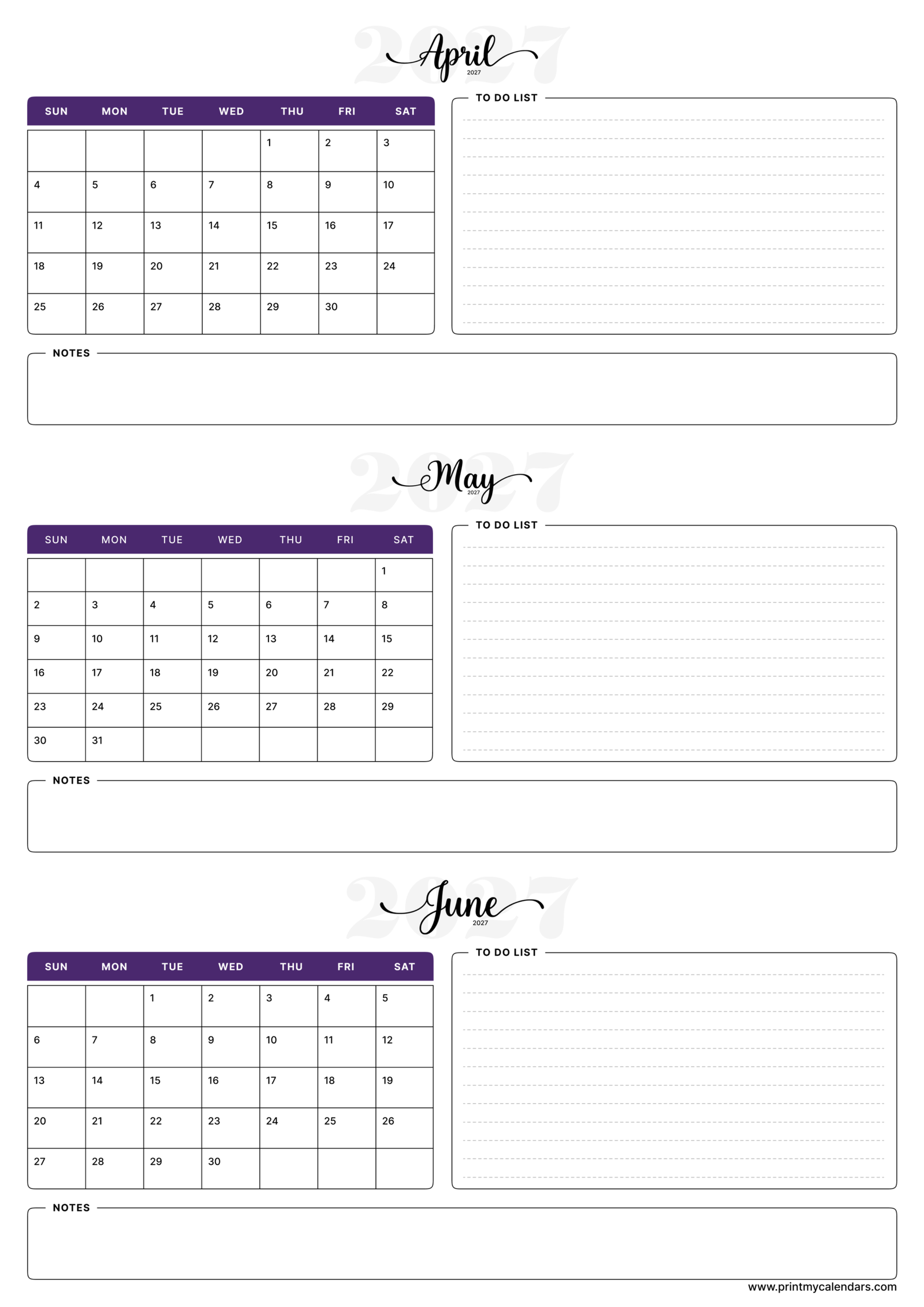 Printable The Lavender April May June calendar 2027 Portrait A4